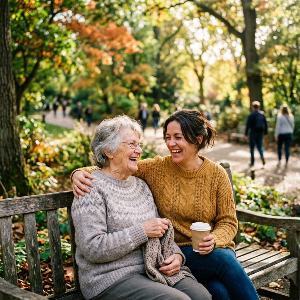 Elderly person enjoying the outdoors with a companion